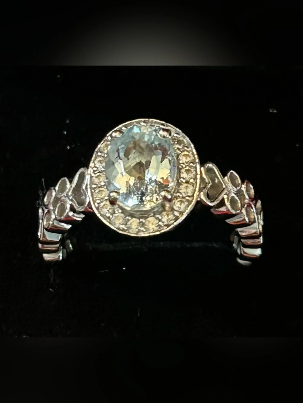 1.35CT Oval Aquamarine & .40CT White Zircon Openwork Heart Design Ring Size 9 SS